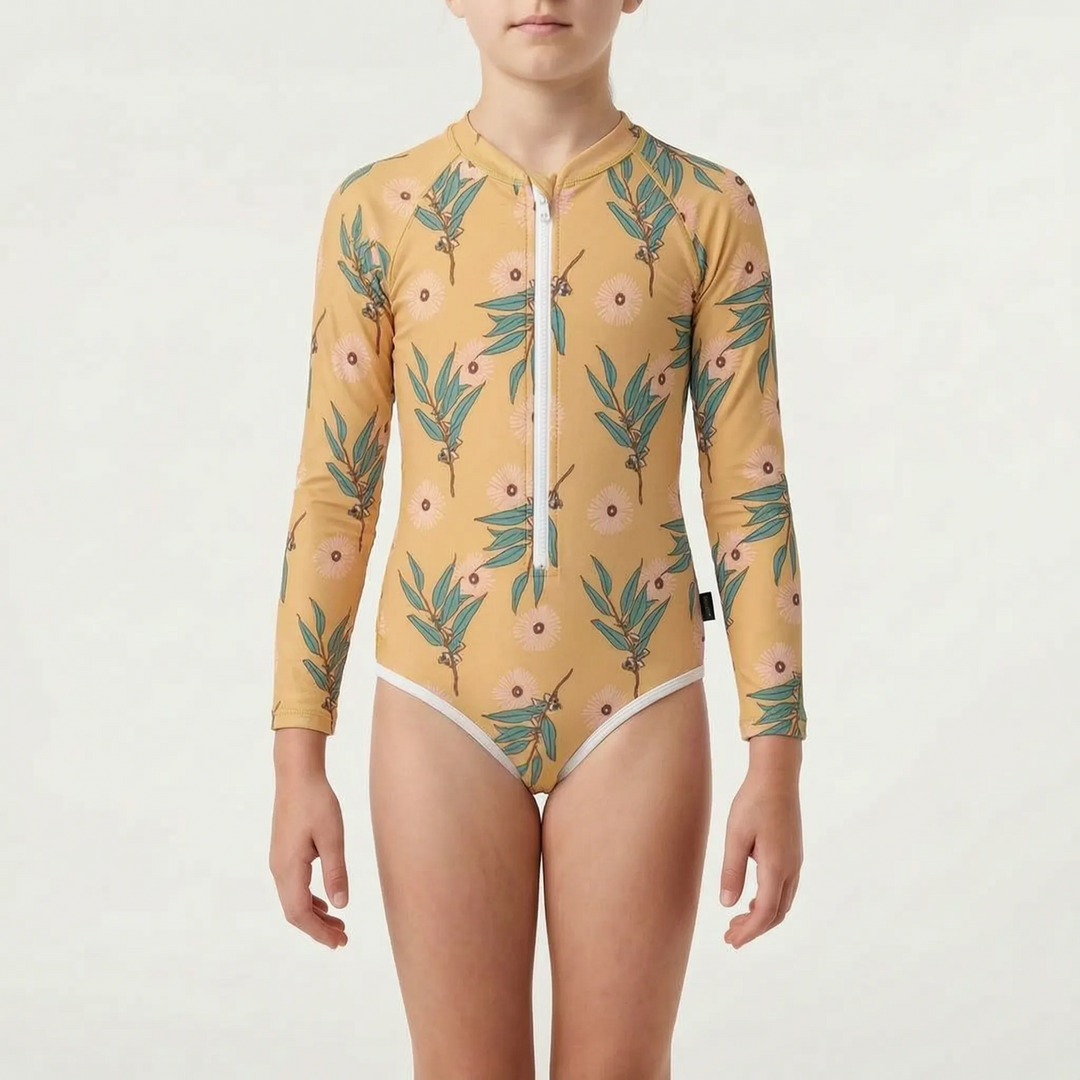 Children's long-sleeve sun protection swimwear. One-piece activewear for beach, pool & summer play.