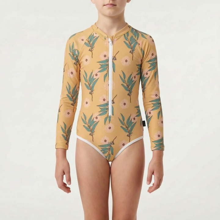 Children's long-sleeve sun protection swimwear. One-piece activewear for beach, pool & summer play.