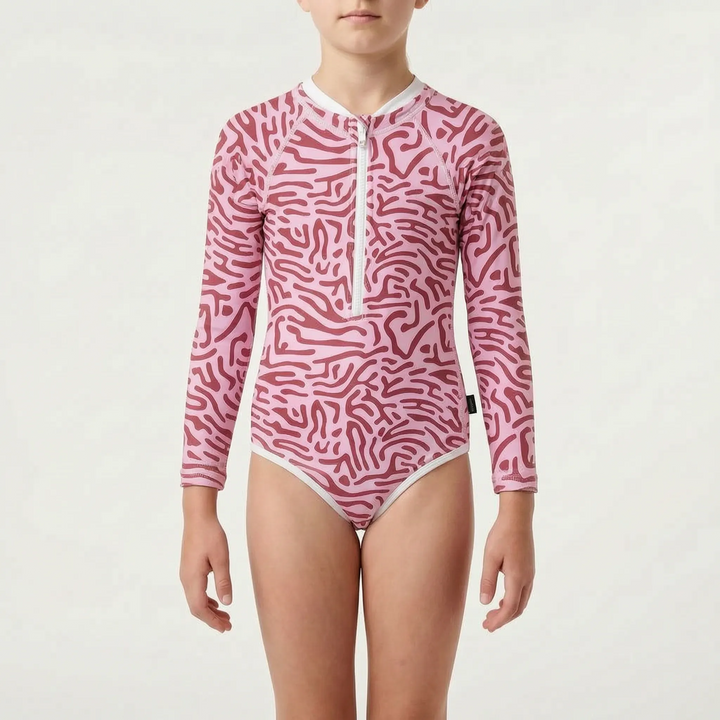 Kids' long-sleeve play clothes swimsuit. One-piece sun protection for energetic beach & pool fun.