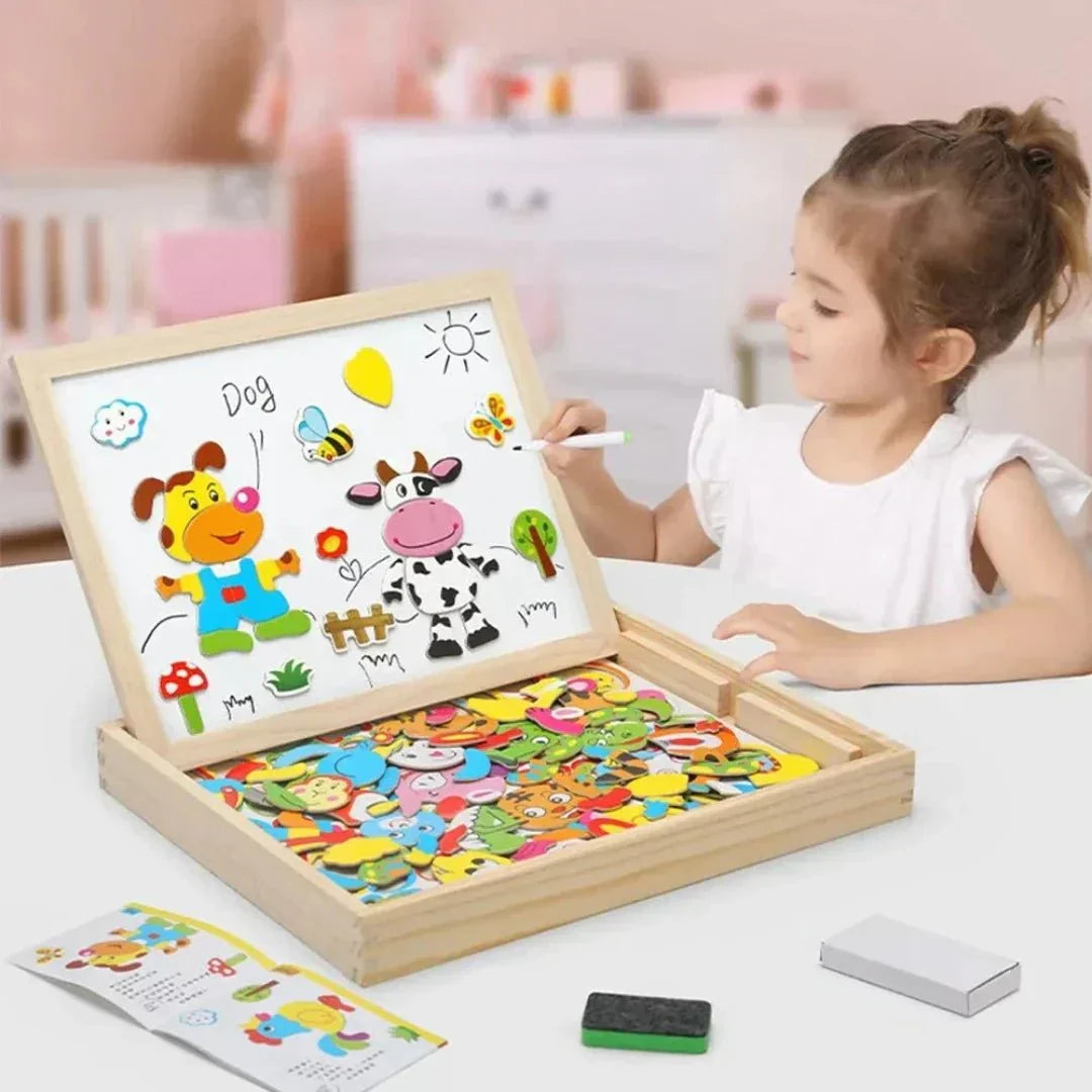 Kids magnetic double-sided drawing board set for creative learning & fun.
