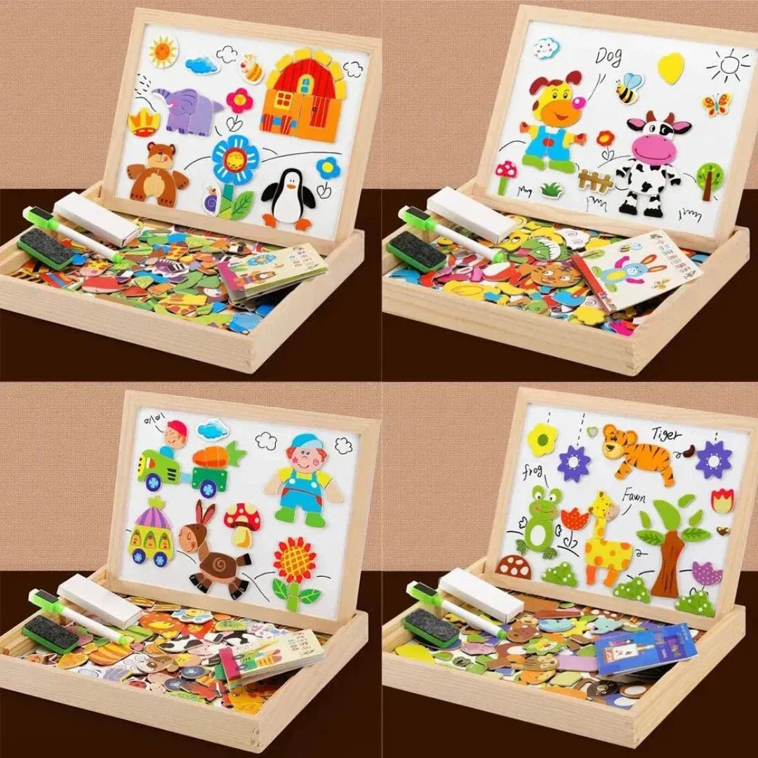 Double-sided magnetic whiteboard for kids' art, drawing, & educational play activity.