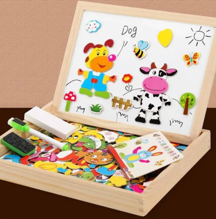 Safe toddler magnetic drawing board activity, promoting preschool learning & art.