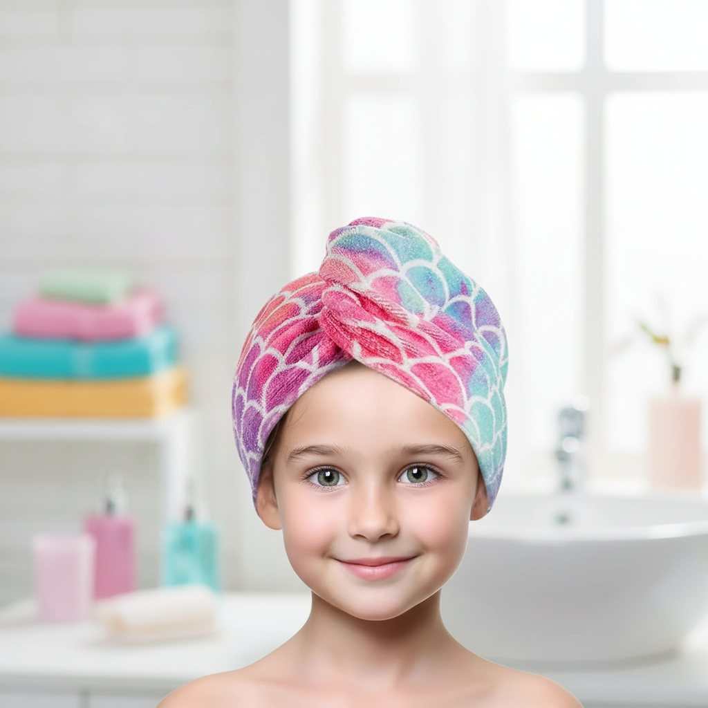 Kids microfiber hair drying towel with playful scale design for quick and efficient drying after bath time.