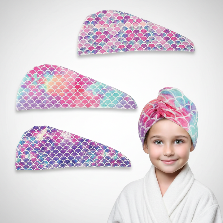 Soft, absorbent microfiber hair towel for children featuring a fun scale pattern, perfect for fast hair drying.