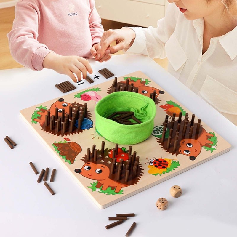 Kids' Montessori counting hedgehog game. Educational sensory toy for preschool math and fine motor skill development.