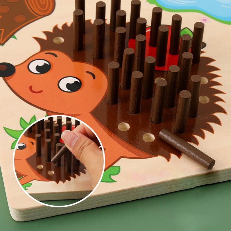 Wooden Montessori hedgehog game. Fine motor skill toy with colorful spikes for counting and early learning.