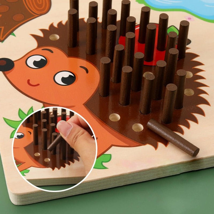 Wooden Montessori hedgehog game. Fine motor skill toy with colorful spikes for counting and early learning.