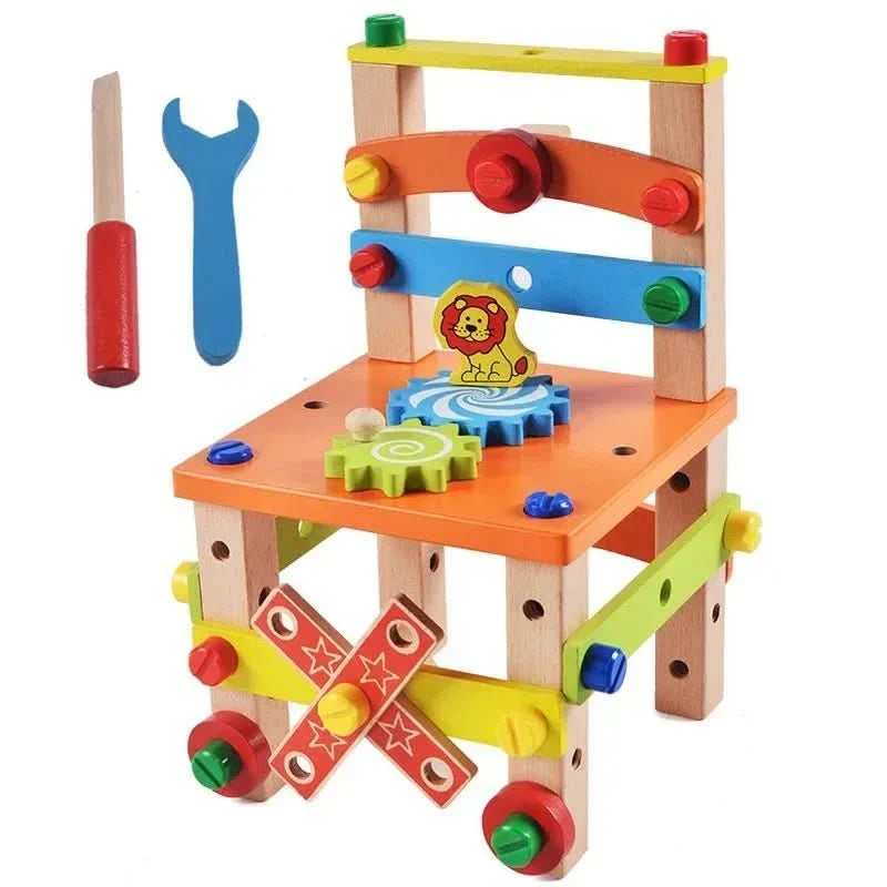 Colorful wooden nuts, bolts, and tools from a Montessori kit, engaging kids in educational construction play.