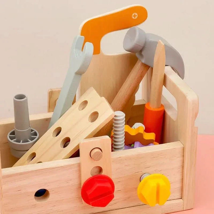 Educational wooden tool set for kids, promoting problem-solving, creativity, and Montessori learning for toddlers.