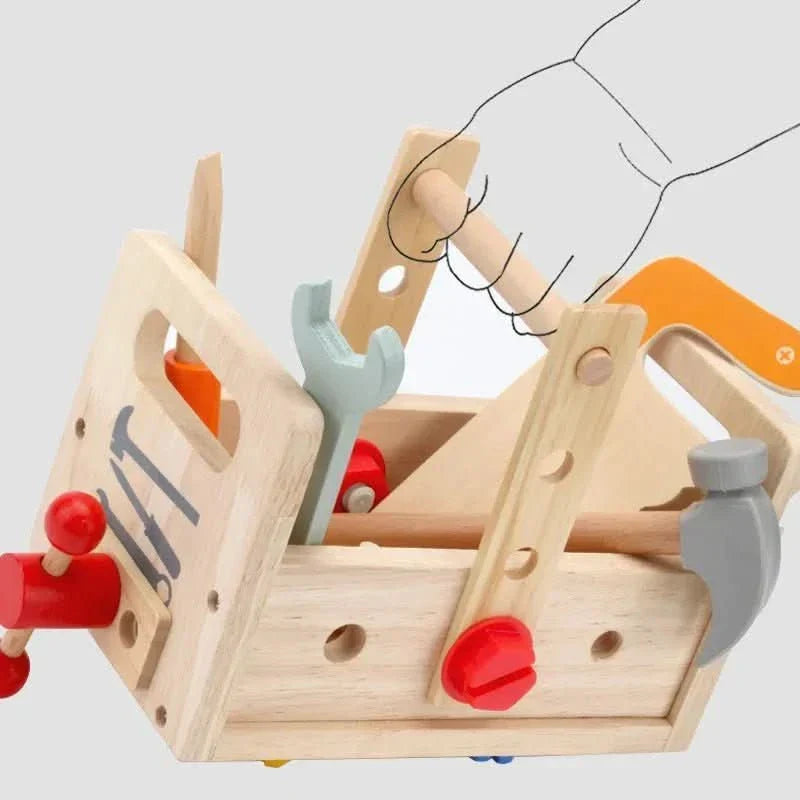 Durable wooden tool kit for children, a safe Montessori toy for developing motor skills & creative building.