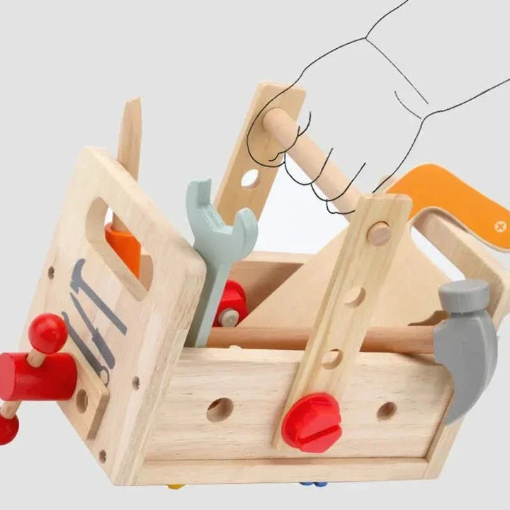 Durable wooden tool kit for children, a safe Montessori toy for developing motor skills & creative building.