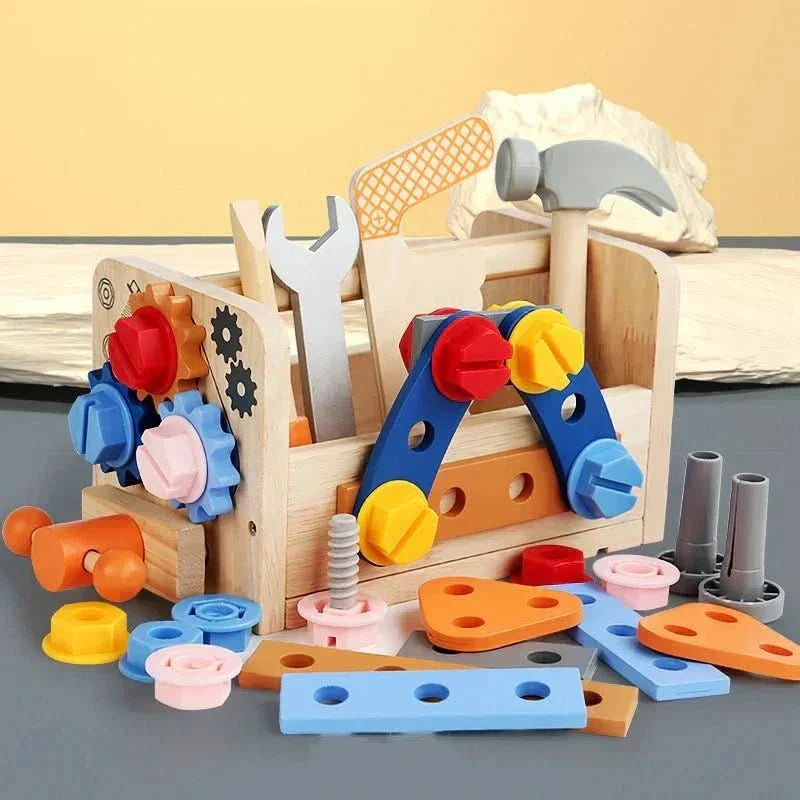 Hands-on learning with a wooden tool kit, boosting kids' motor skills & creative thinking in Montessori play.
