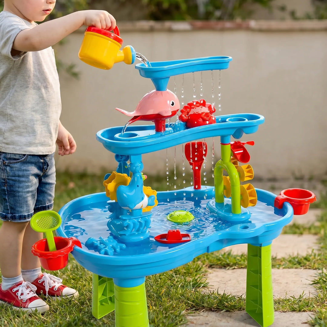 Kids' multi-level sensory water & sand play table. Perfect for toddlers' outdoor activities & summer fun.
