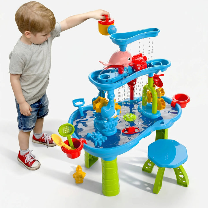 Multi-level sensory play table for kids. Durable outdoor toy for water & sand activities, fostering children's development.