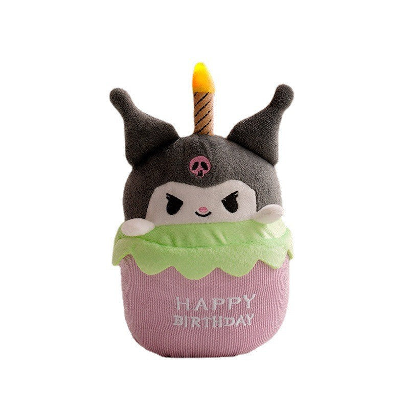 Soft plush birthday cake toy, lights up & plays music. Great interactive gift for kids' parties.