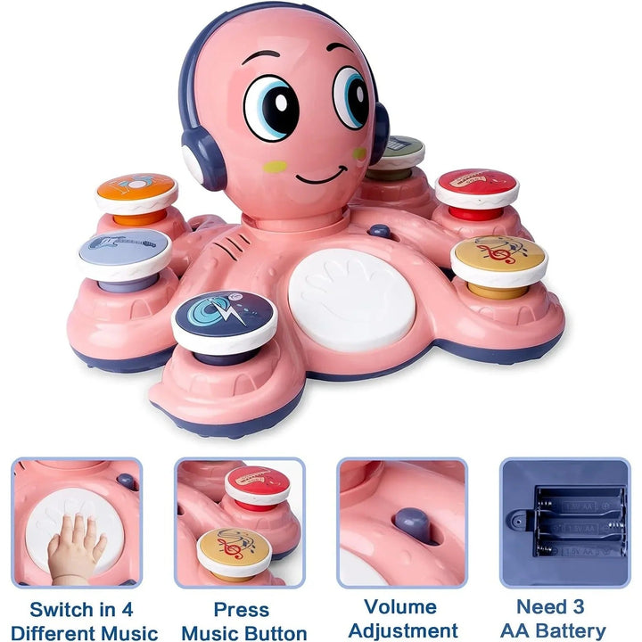 Educational musical octopus toy, inspiring rhythmic learning and sensory exploration for kids.