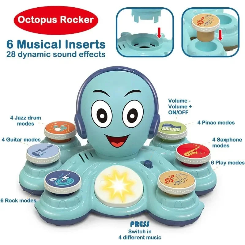 Dancing musical octopus toy for kids, promoting sensory play and early rhythmic development.