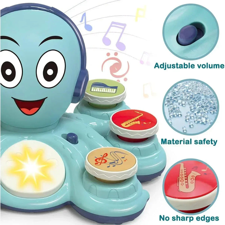 Children's interactive musical octopus toy, enhancing rhythmic skills and sensory engagement.