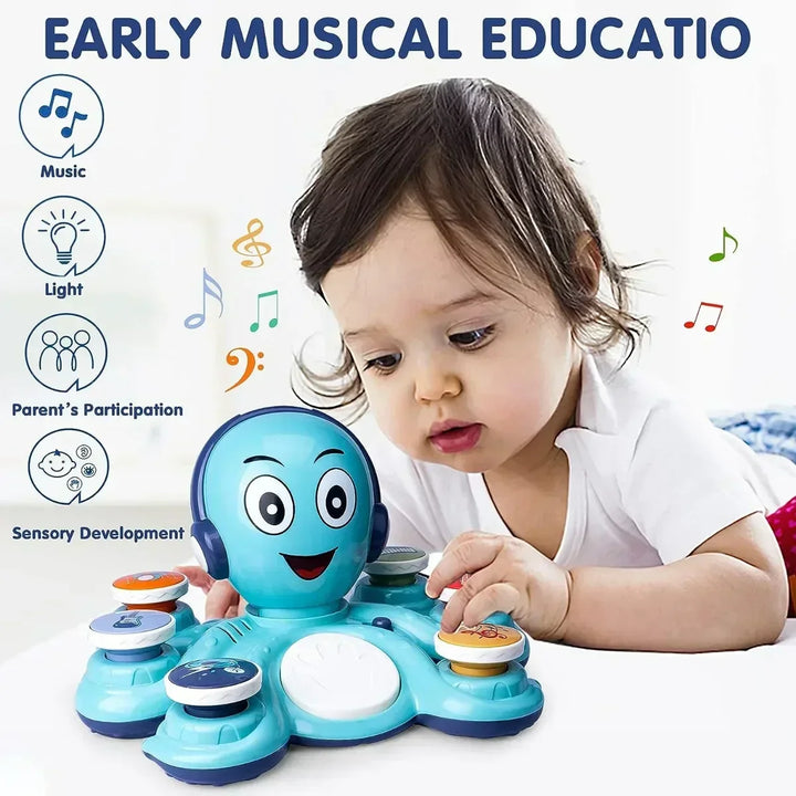 Blue musical octopus toy, ideal for toddlers' sensory play, rhythmic learning, and early development.