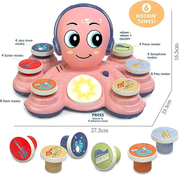 Engaging kids' musical octopus toy with lights, fostering sensory development and rhythmic coordination.
