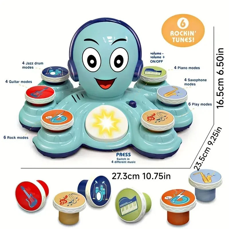 Toddler musical octopus toy, designed for rhythmic learning and interactive sensory play experience.