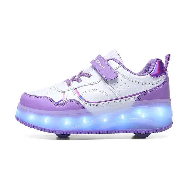 Light-up orthopedic roller shoes for kids, featuring retractable wheels & hook-and-loop closure.