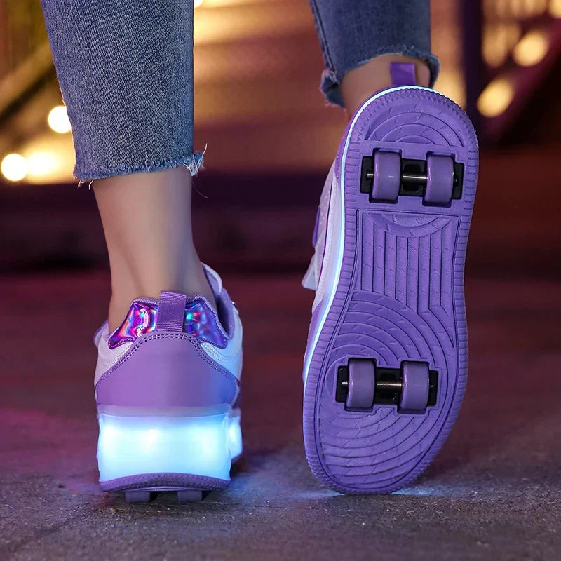Boys' & girls' fun light-up sneakers: orthopedic design, retractable wheels for skating & walking.