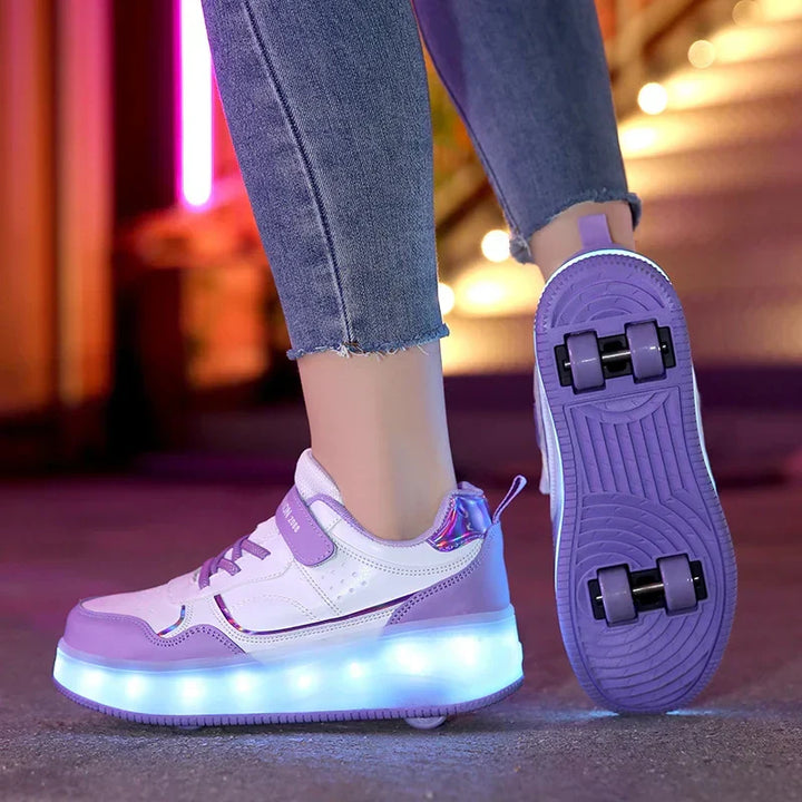Active kids' LED roller shoes with orthopedic comfort, vibrant lights & hideaway wheels.