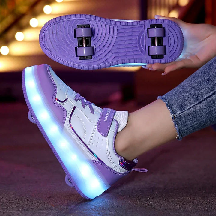 Durable kids' light-up orthopedic sneakers, featuring retractable roller skate wheels & secure hook-and-loop.