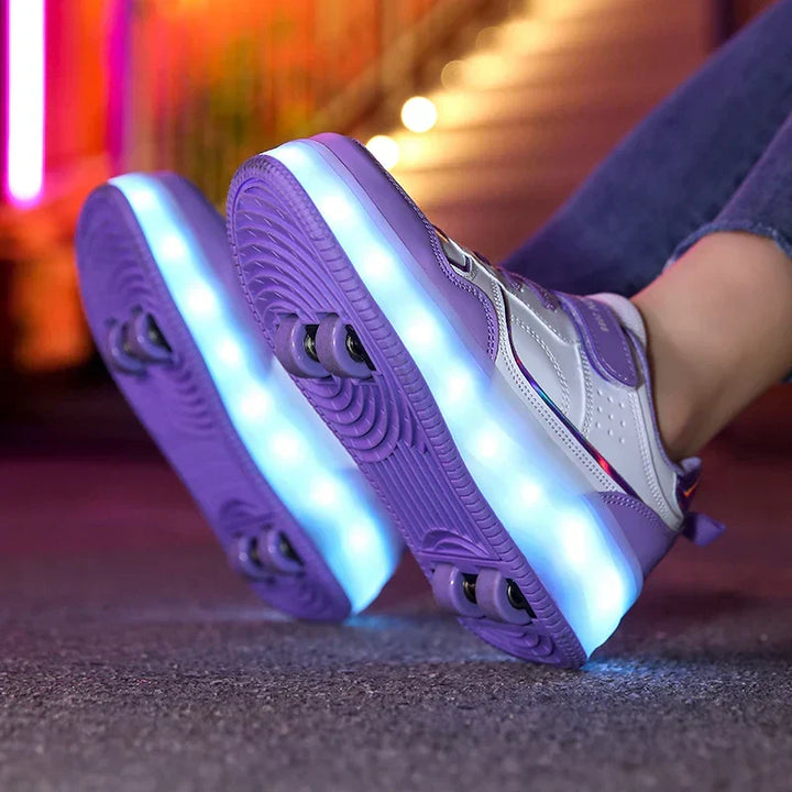 Fun children's roller shoes: LED light-up, orthopedic support, and easy retractable wheels for play.
