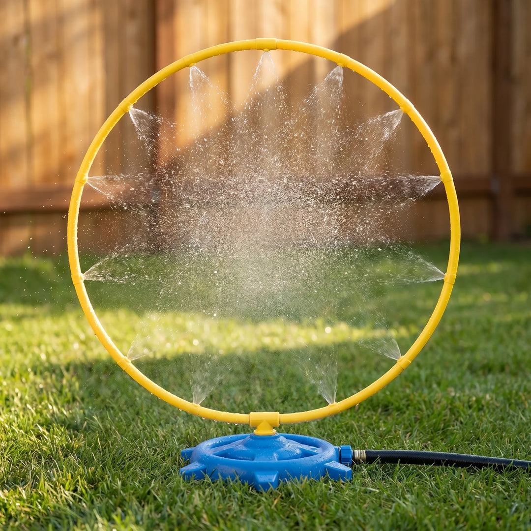 Kids' outdoor rotating water sprinkler toy for summer waterplay in the garden.