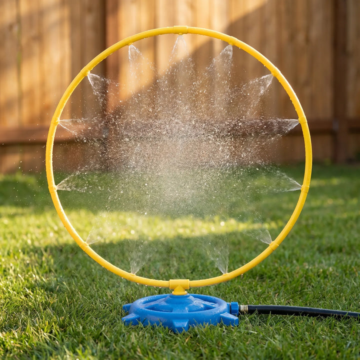Kids' outdoor rotating water sprinkler toy for summer waterplay in the garden.
