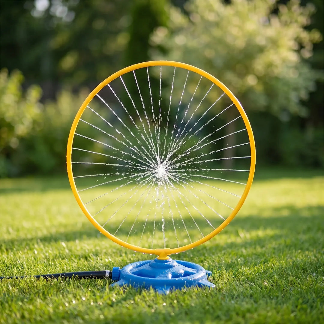 Children playing with a vibrant outdoor rotating water sprinkler, perfect for summer garden fun.