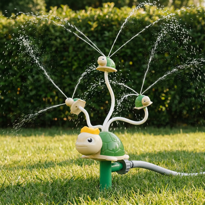 Kids' outdoor spinning water sprinkler toy, perfect for summer backyard garden fun & active playtime.