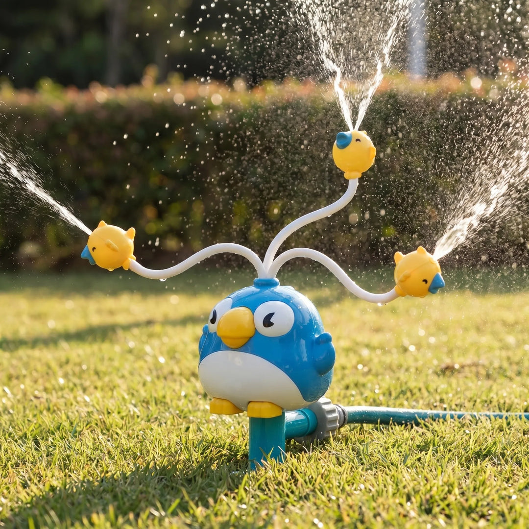 Fun outdoor water toy: spinning sprinkler providing refreshing cool spray for kids' summer backyard playtime.