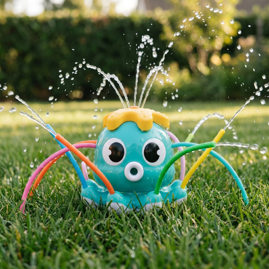 Kids' Playful Octopus Water Sprinkler Toy: Vibrant octopus sprinkler for outdoor play & summer fun. Connects to garden hose.