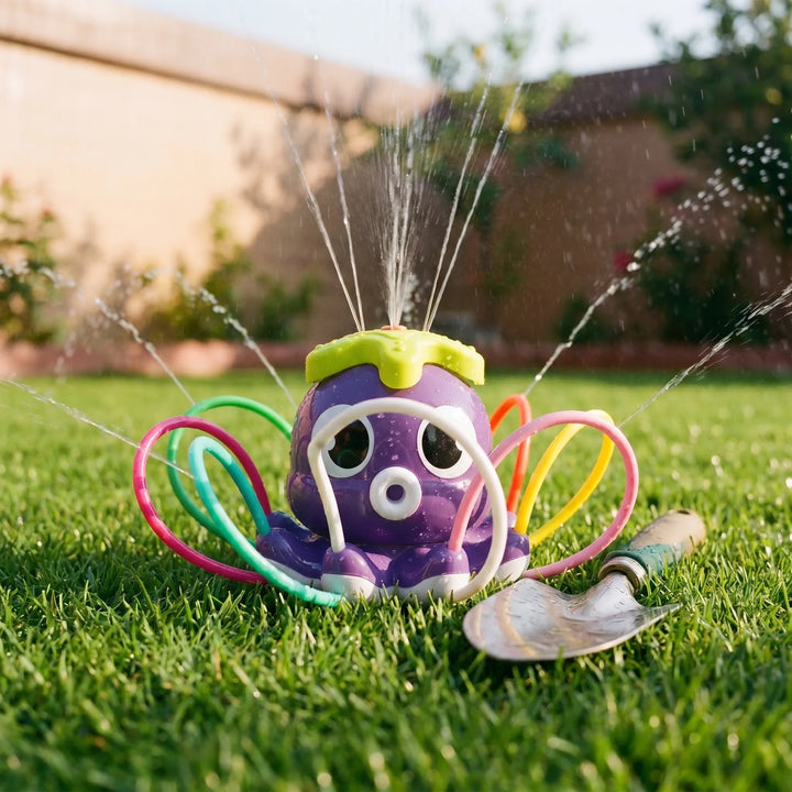 Children playing with Octopus Water Sprinkler: Happy kids enjoying water fun with a playful octopus sprinkler in the backyard.