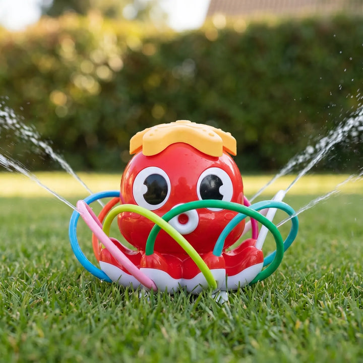 Octopus backyard water toy: Colorful octopus water sprinkler providing refreshing outdoor play and summer fun for children.