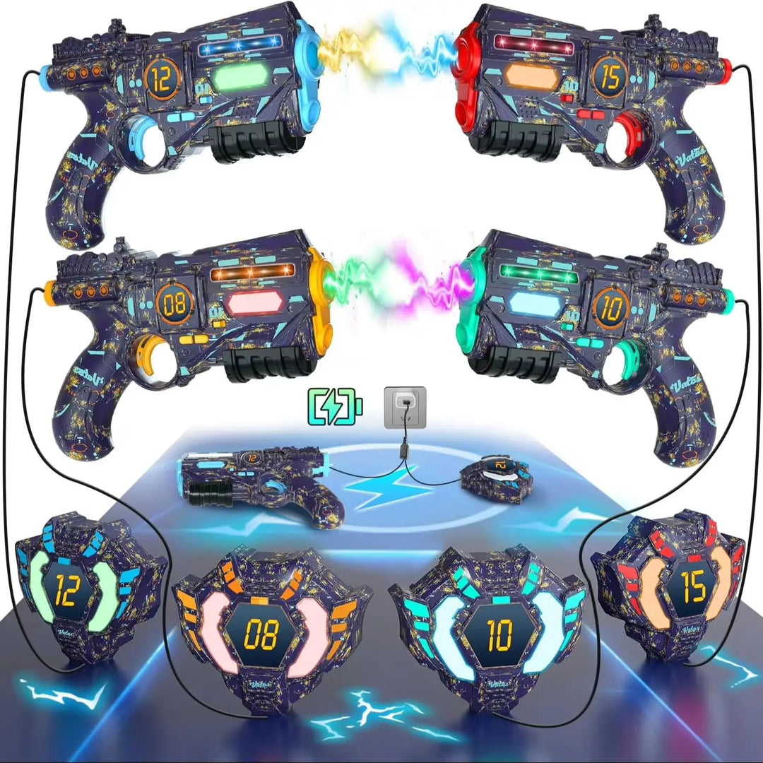 Kids playing outdoor laser tag with Tagonix rechargeable blasters & vests, enjoying a fun team battle game.