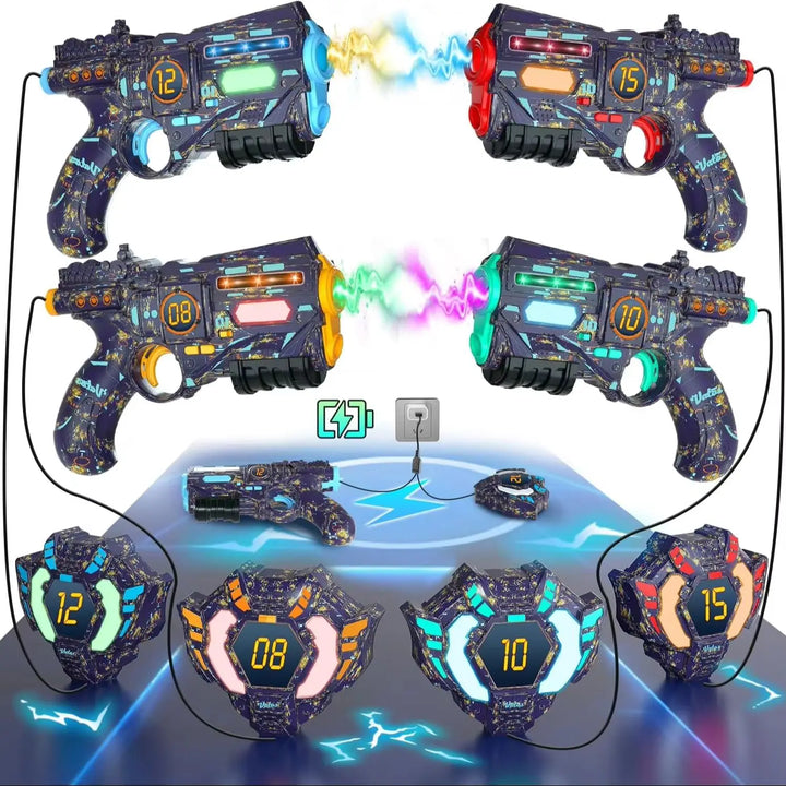 Kids playing outdoor laser tag with Tagonix rechargeable blasters & vests, enjoying a fun team battle game.