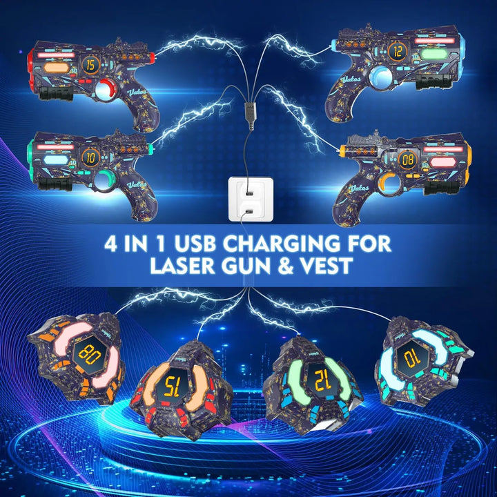 Tagonix kids' rechargeable laser tag set showing blasters, vests, and charging cables for endless outdoor fun.