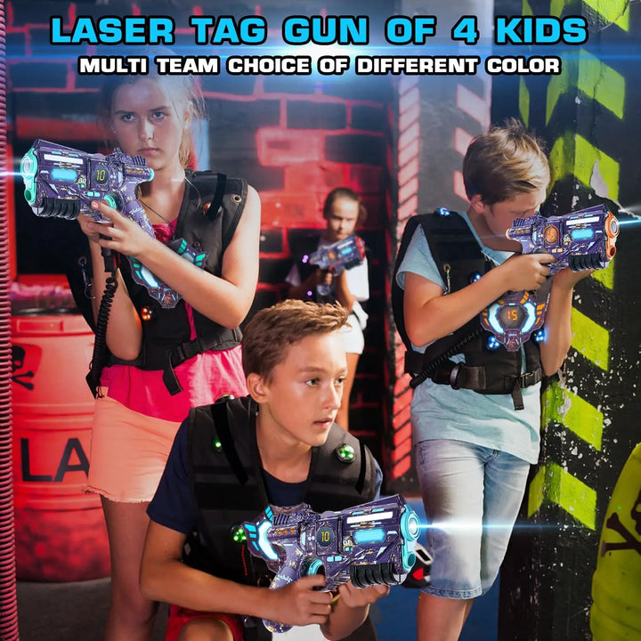Two kids in Tagonix rechargeable laser tag vests aiming blasters, engaged in an exciting electronic team battle game.
