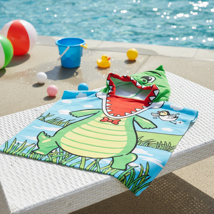 Kids' plush hooded bath towel, green dinosaur design for beach or bath
