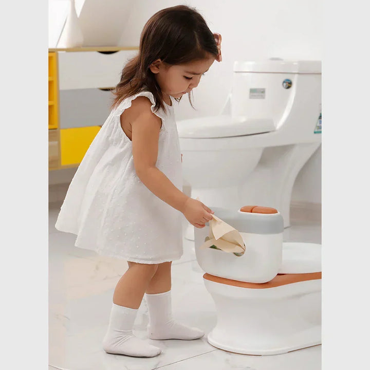 Green toddler PottyPal training seat. Comfortable learning toilet for kids. Promotes independence & bathroom fun.