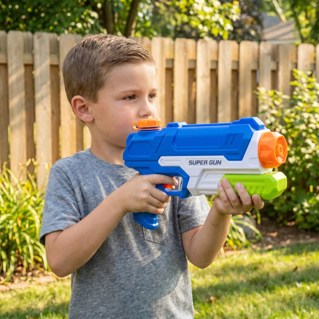 Kids' powerful pump-action water blaster for outdoor summer fun & active backyard play. Durable children's water toy.