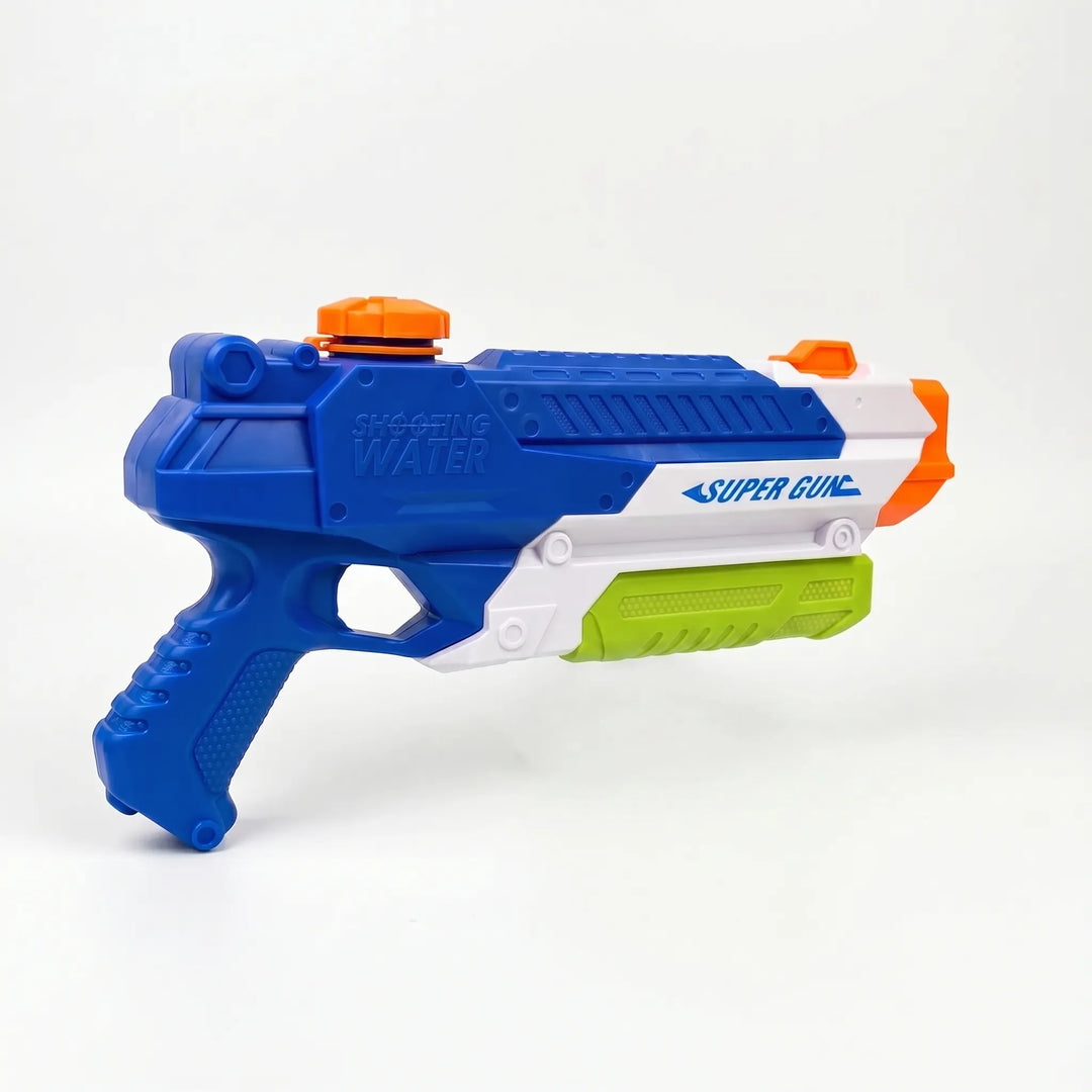 Child with pump-action water toy enjoying summer outdoor play. Fun water blaster for kids' active backyard games.