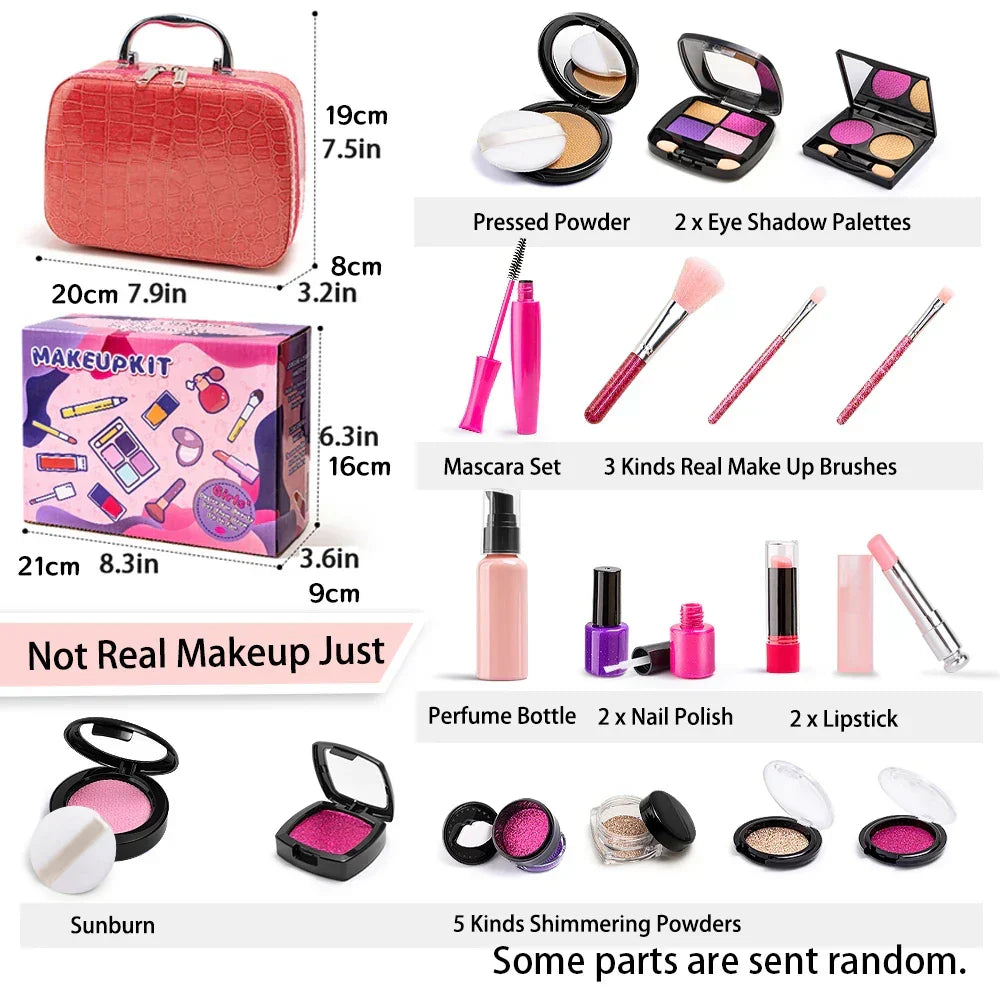 Vibrant children's pretend makeup kit with brush, eyeshadows & lipstick for creative fun & safe play.