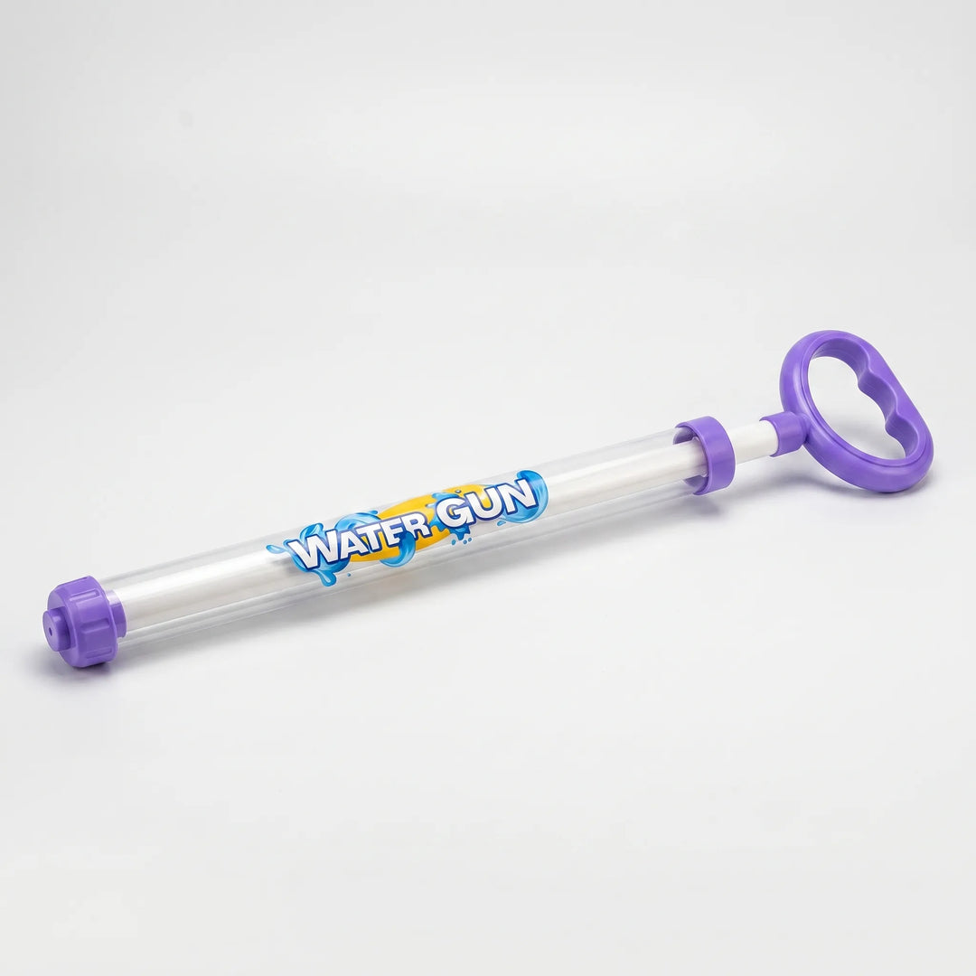 Children enjoying outdoor summer fun with vibrant pull-action water blasters, ideal for active play.