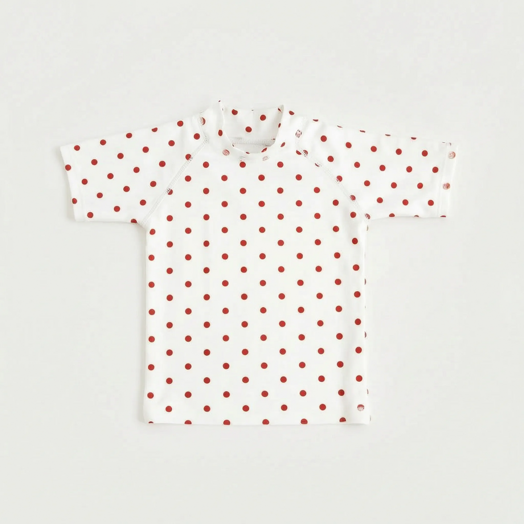 Front view of kids' quick-dry short-sleeve rash guard, UPF 50+ for sun-safe water play.