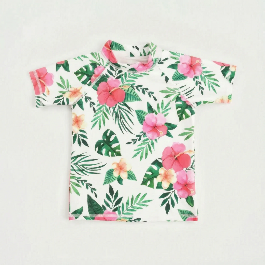 Back of children's quick-dry short-sleeve rash guard, UPF 50+ for pool & beach sun protection.